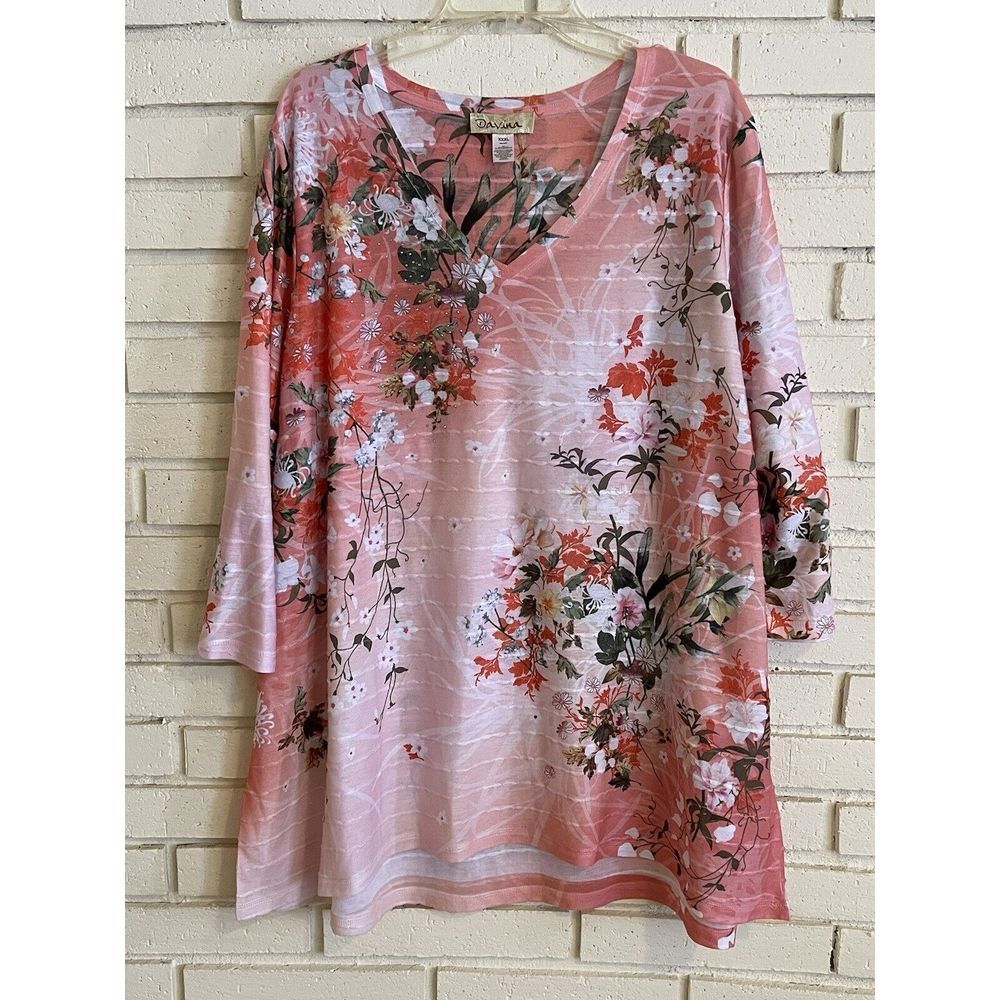 Davina Women Pink Floral Beaded 3/4‎ Sleeve Blouse Top 3XL
